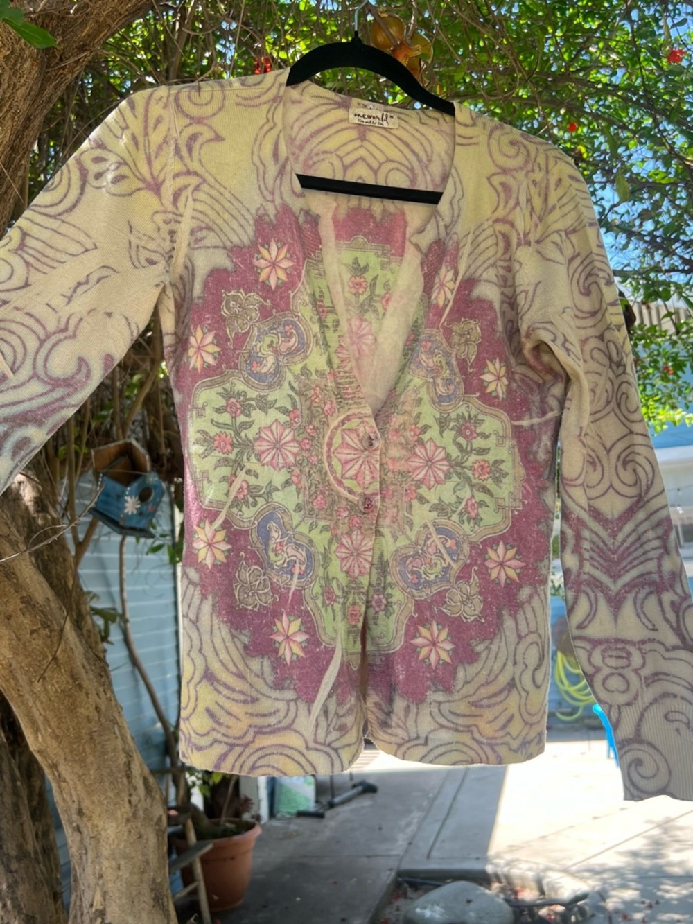 Vintage ONE WORLD Lavender and Green Floral Knit Cardigan